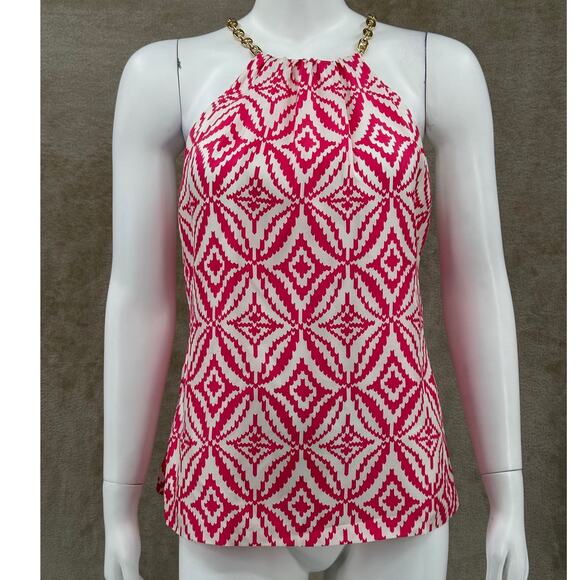 Milly Tops - Milly Top Womens 4‎ Pink Geometric Sleeveless Chain Halter Silk Designer Summer